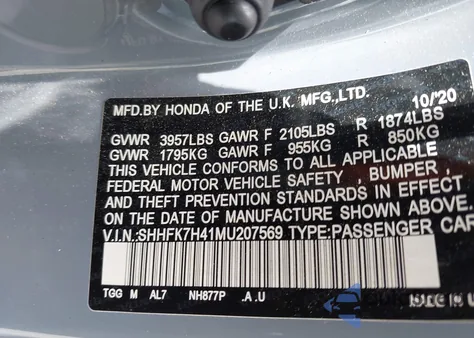 2021 Honda Civic Sport z USA, uszkodzony, nr VIN SHHFK7H41MU207569